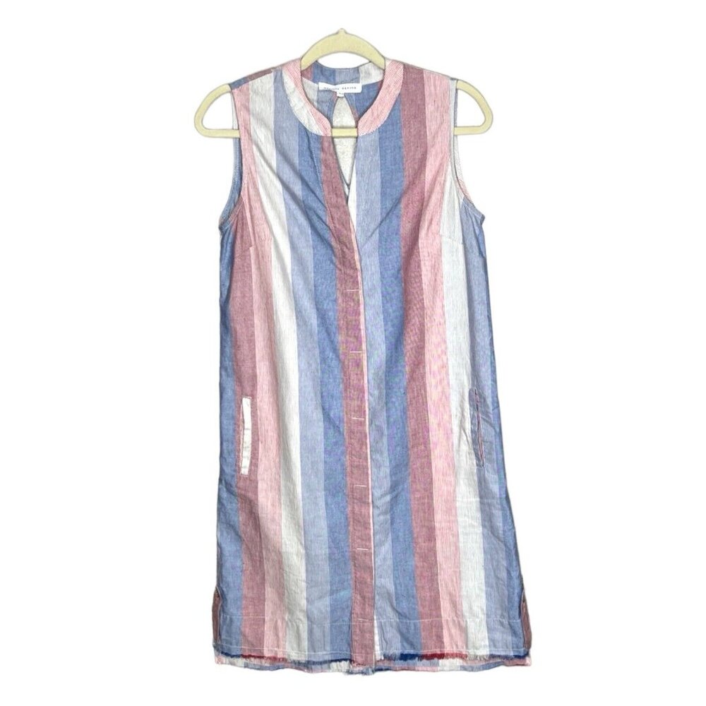 Melissa Nepton Womens Shirt Dress Size SMALL Red Blue Stripe Frayed Hem Cotton